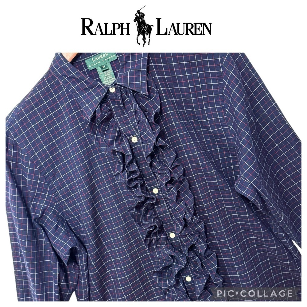 Lauren Ralph Lauren Victorian ruffles plaid long sleeve shirt navy blue size M
